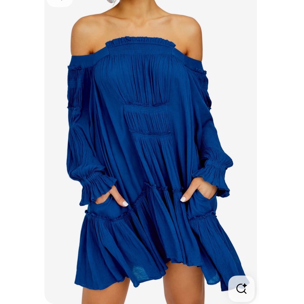 Free People See Ya There Minidress Tunic L Blue Off Shoulder Boho Ruffle Pockets